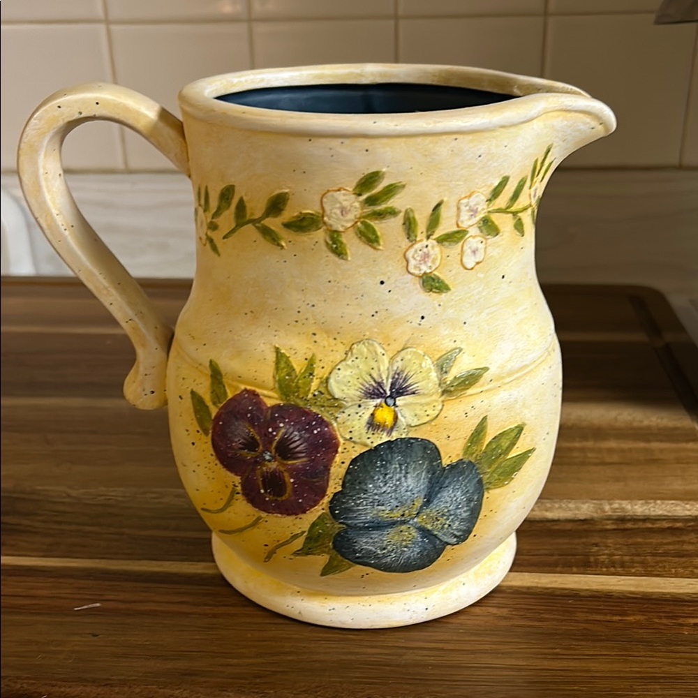 Bob’s Pottery Large Creamer pitcher.  Artwork by Susan Winget “Pansy Vines”